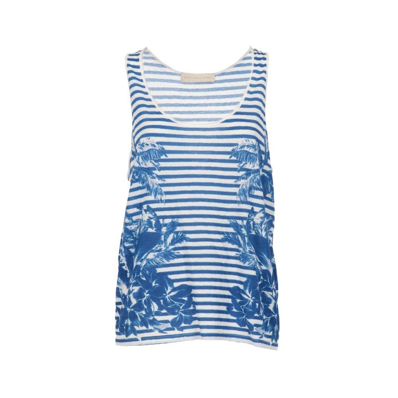 Stella Mccartney 2010s Blue & White Striped Oversized Tank Top With Palm Print